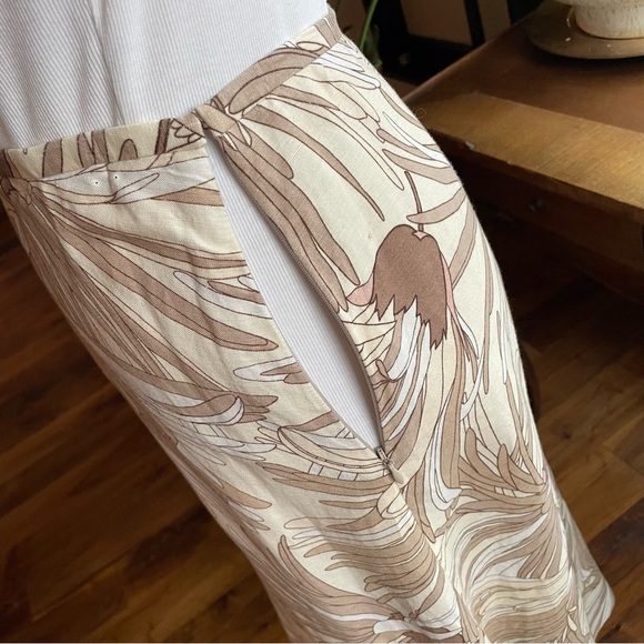 Vintage Linen Blend Floral A-Line Beige and Tan Midi Skirt 90s Y2K Office Work - Picture 4 of 12